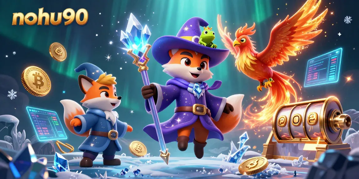 Nohu90 offers thrilling slot experiences surrounded by mystical elements, including a wizard and phoenix.