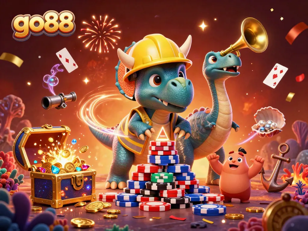 Engage with the vibrant world of go88 as a triceratops builds poker chip towers and celebrates with friends.