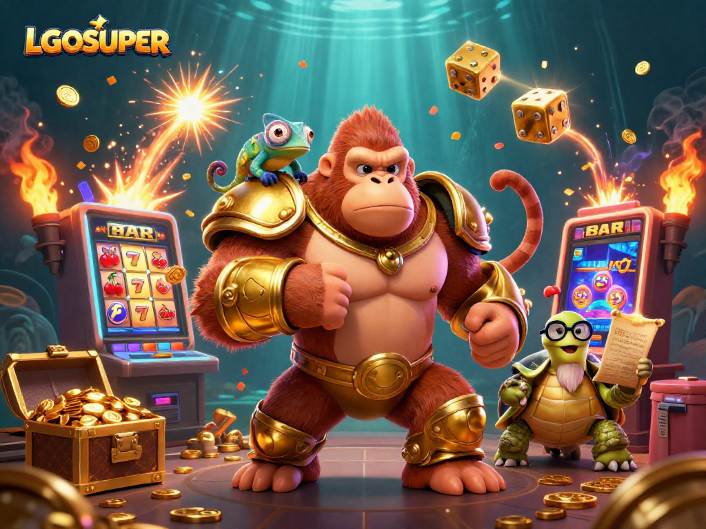 Engage with LGOSUPER's vibrant gaming universe featuring a king gorilla, chameleon spy, and tortoise elder.