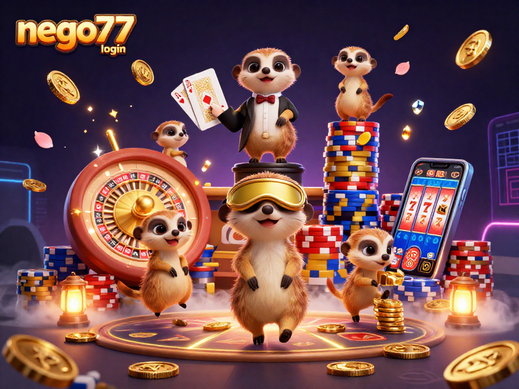 Engage with nego77 login for exclusive gaming, featuring a charming meerkat casino scene brimming with excitement.
