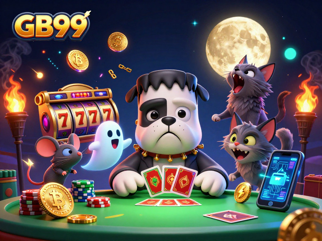 Experience exciting gameplay with GB99, featuring a Frankenstein bulldog monster and neon crypto elements.