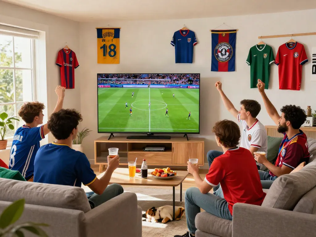 Excited fans enjoying a live match on https://cakhiatv.team/ in a cozy home ambiance.