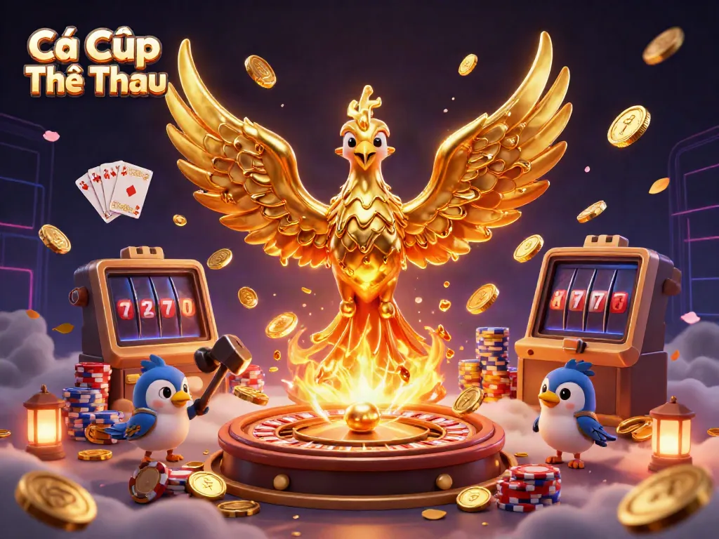 Cá Cược Thể Thao showcases a golden phoenix symbolizing betting excitement with coins and cards.