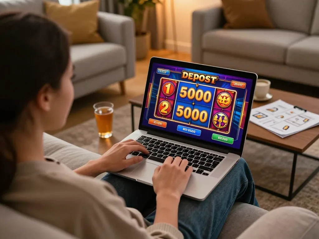 Engaged player exploring slot deposit 5000 options in an online casino setting, surrounded by cozy elements.
