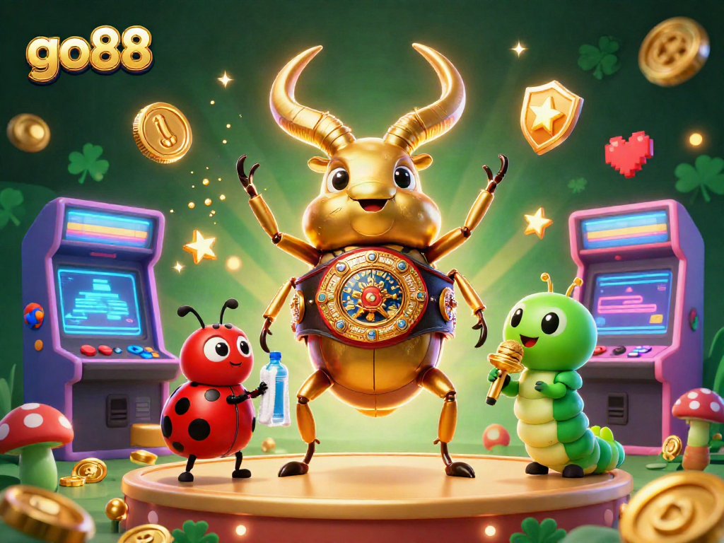 Engage with go88's exciting casino experience featuring a golden beetle boxing champion amidst colorful arcade games.