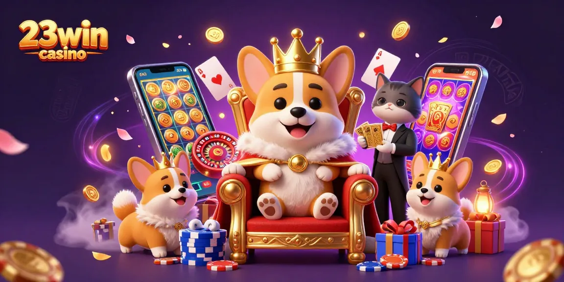 Experience fun at 23win casino with a vibrant illustration of gaming action and playful characters.