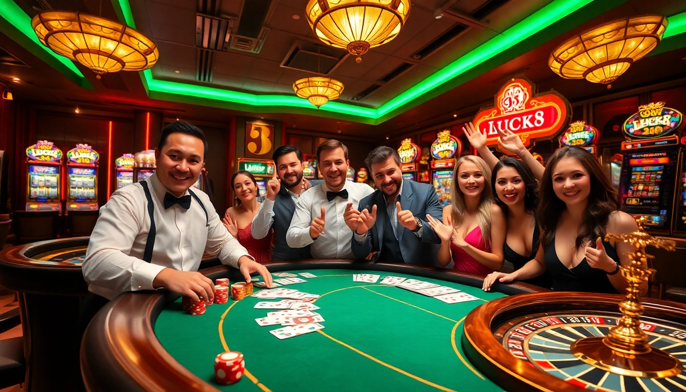 LUCK8 casino players winning at poker table with colorful chips and cards.