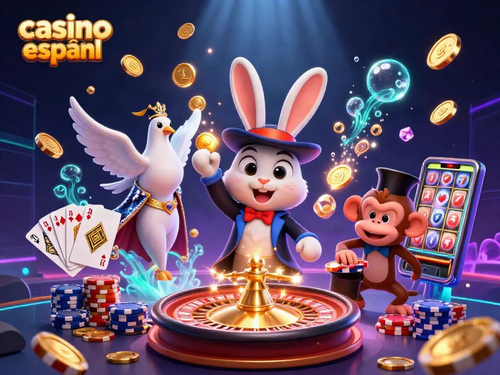Ilustra a un conejo mago y una paloma glamorosa en acción en un casino online español lleno de monedas doradas.
