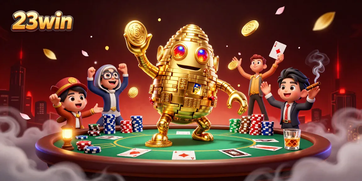 Engaging with 23win, the golden golem offers a vibrant casino experience surrounded by poker elements and rich visuals.