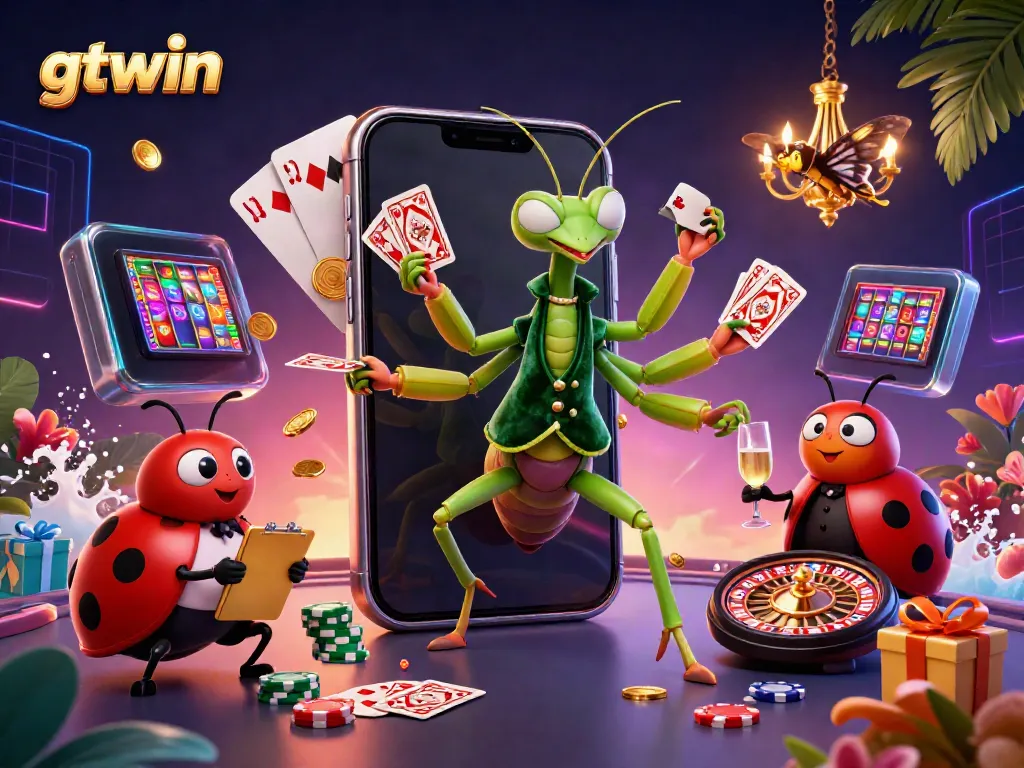 Engage in exciting gameplay at gtwin with a vibrant casino scene featuring a giant mantis and ladybug pit boss.