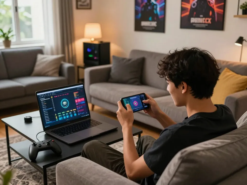 Person engaged in esports betting singapore using smartphone and laptop at home