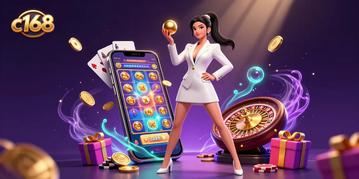Experience the thrill of gaming with c168, featuring stunning visuals of a confident woman and vibrant casino elements.