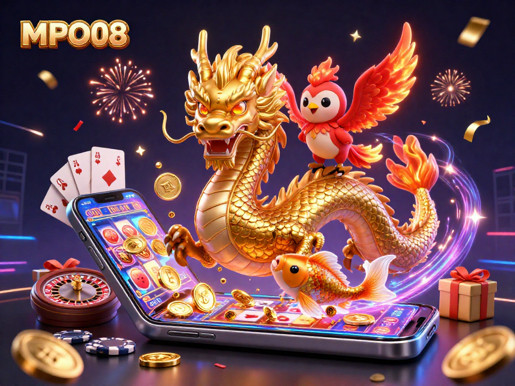 MPO08 showcases exciting gaming fun with a dragon and phoenix amidst slot games and celebration.