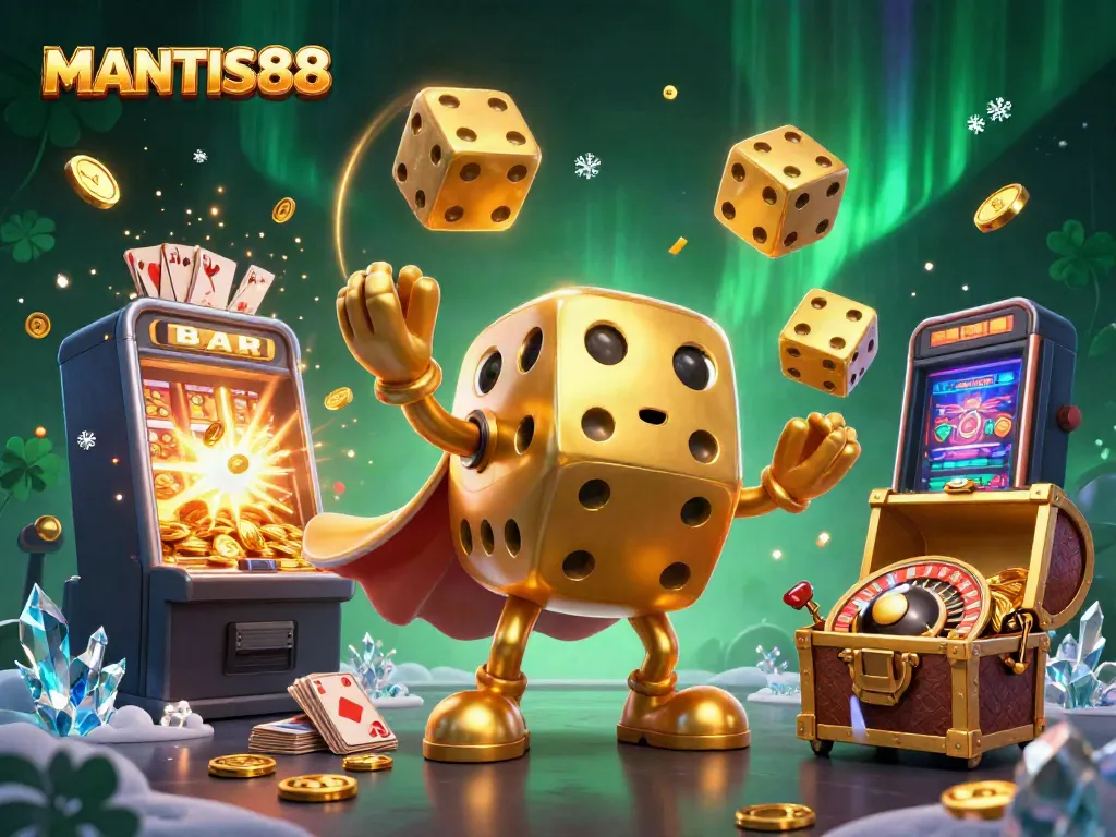 Engage with MANTIS88's vibrant casino adventure as golden dice characters juggle and celebrate winning.