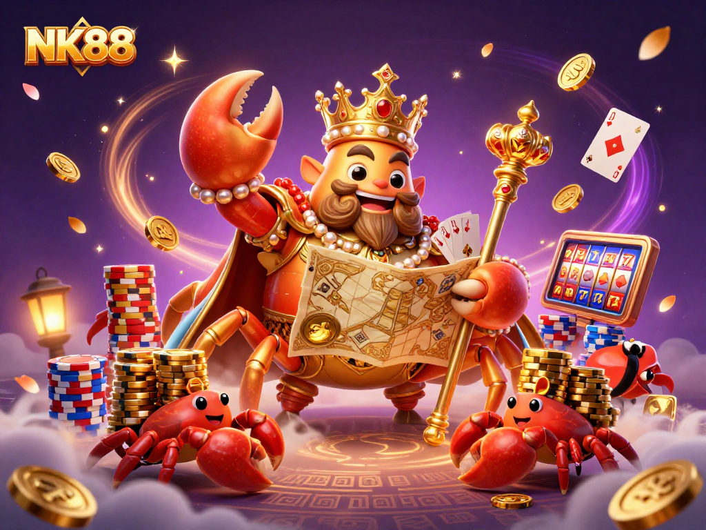 Experience thrilling gameplay at NK88 with a captivating scene of a golden crab emperor and treasure-filled elements.