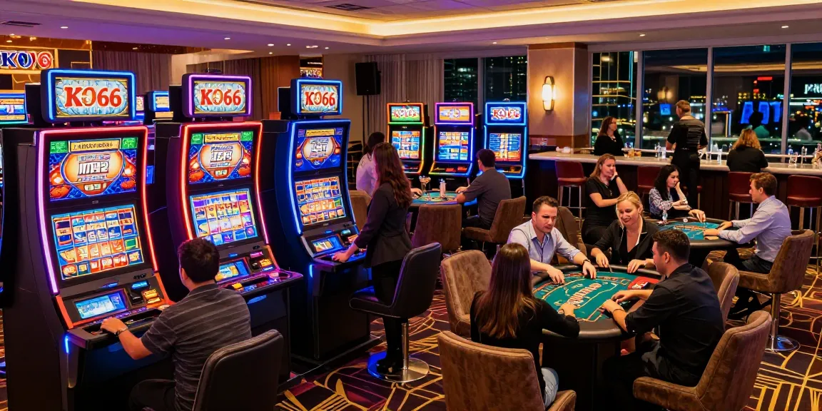 Excited patrons playing at KO66 Casino, showcasing vibrant gaming atmosphere with flashing lights and engaging table games.