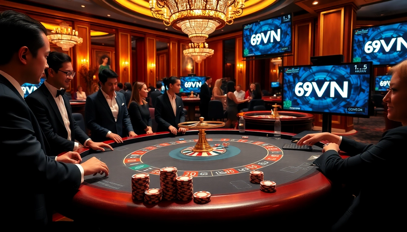 A thrilling poker game at 69VN featuring elegant players and vibrant chips amidst a luxurious casino backdrop.