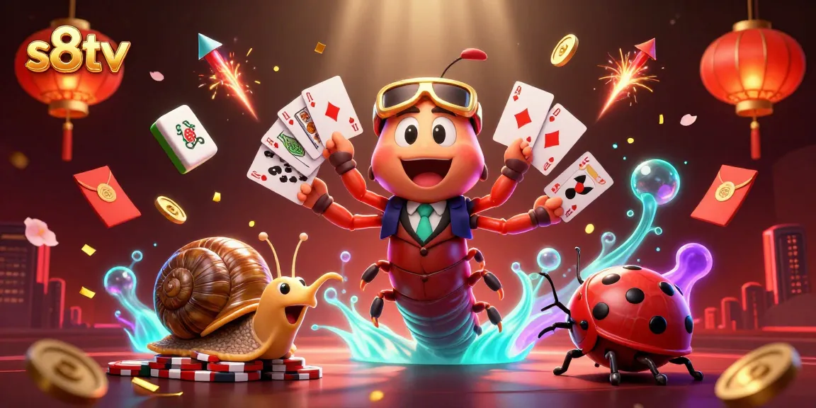 S8TV delivers thrilling moments with a lively dealer showcasing cards amidst vibrant gaming elements.