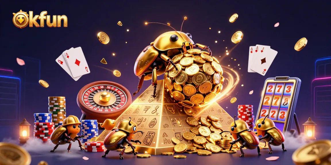 Experience the thrill of okfun with a dynamic scene featuring a golden beetle amidst cascading coins and casino elements.