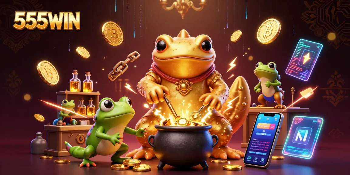 Engage with 555WIN as a giant salamander transfigures base metals into gold coins amidst vibrant casino elements.