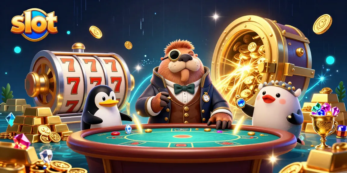 Experience thrilling slot action with a jolly walrus at the poker table surrounded by treasure and fun.