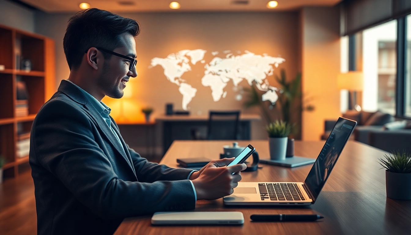 快连下载 provides seamless connectivity, showcased in a modern workspace with a user engaged on their smartphone and laptop.