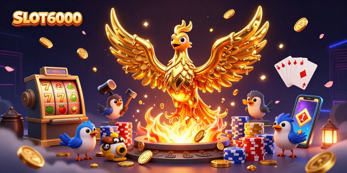 Spin the SLOT6000 slot reels with golden phoenix and vibrant symbols in a dynamic 3D casino scene.