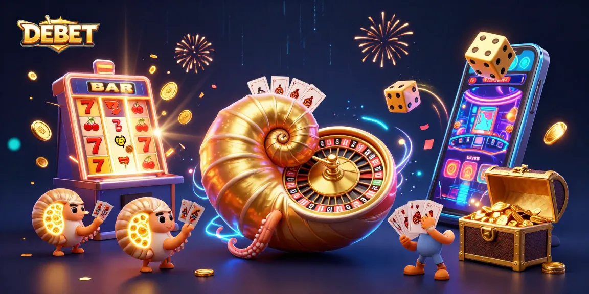 Experience the thrilling DEBET adventure with glowing nautilus, slot machines, and cascading coins.