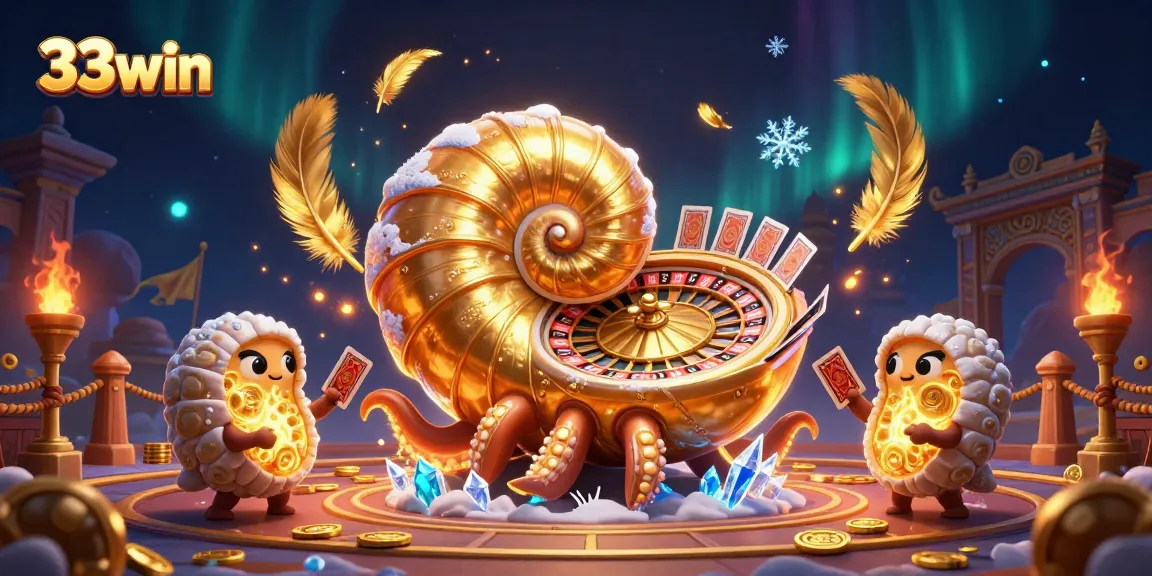 33win casino action featuring a giant nautilus roulette wheel and glowing ammonite cards.