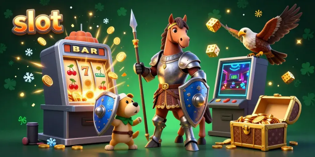 Engage with thrilling slot action, featuring a knight and whimsical characters amid a jackpot explosion.