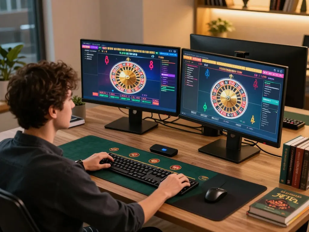 Engaging in live casino gameplay with lc88pro on dual screens, showcasing strategy and excitement.