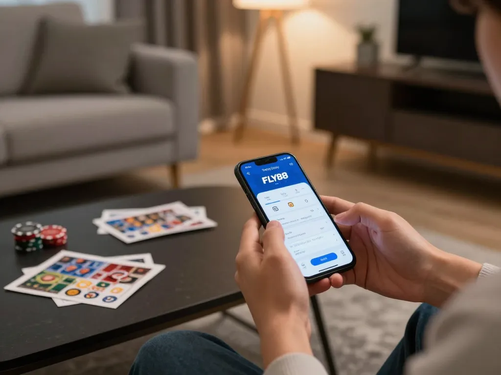 An individual using the trang chủ FLY88 app on their smartphone for online gaming in a cozy home setting.