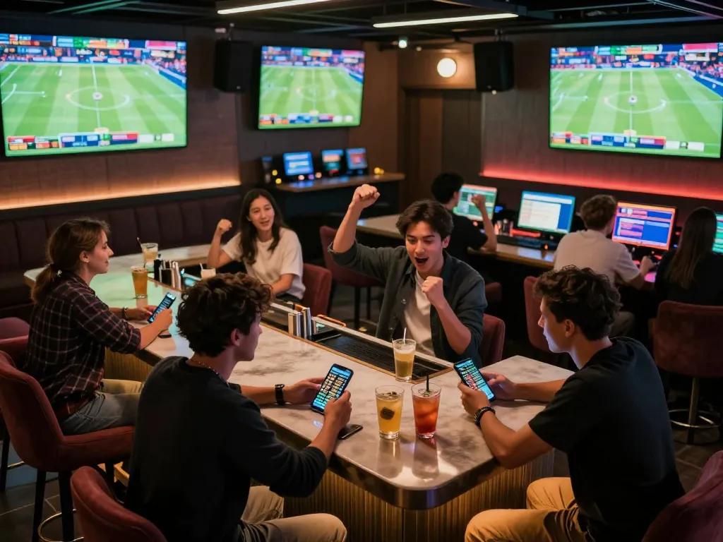 Group of friends using sgwin66 app for sports betting in a lively lounge, celebrating a win together