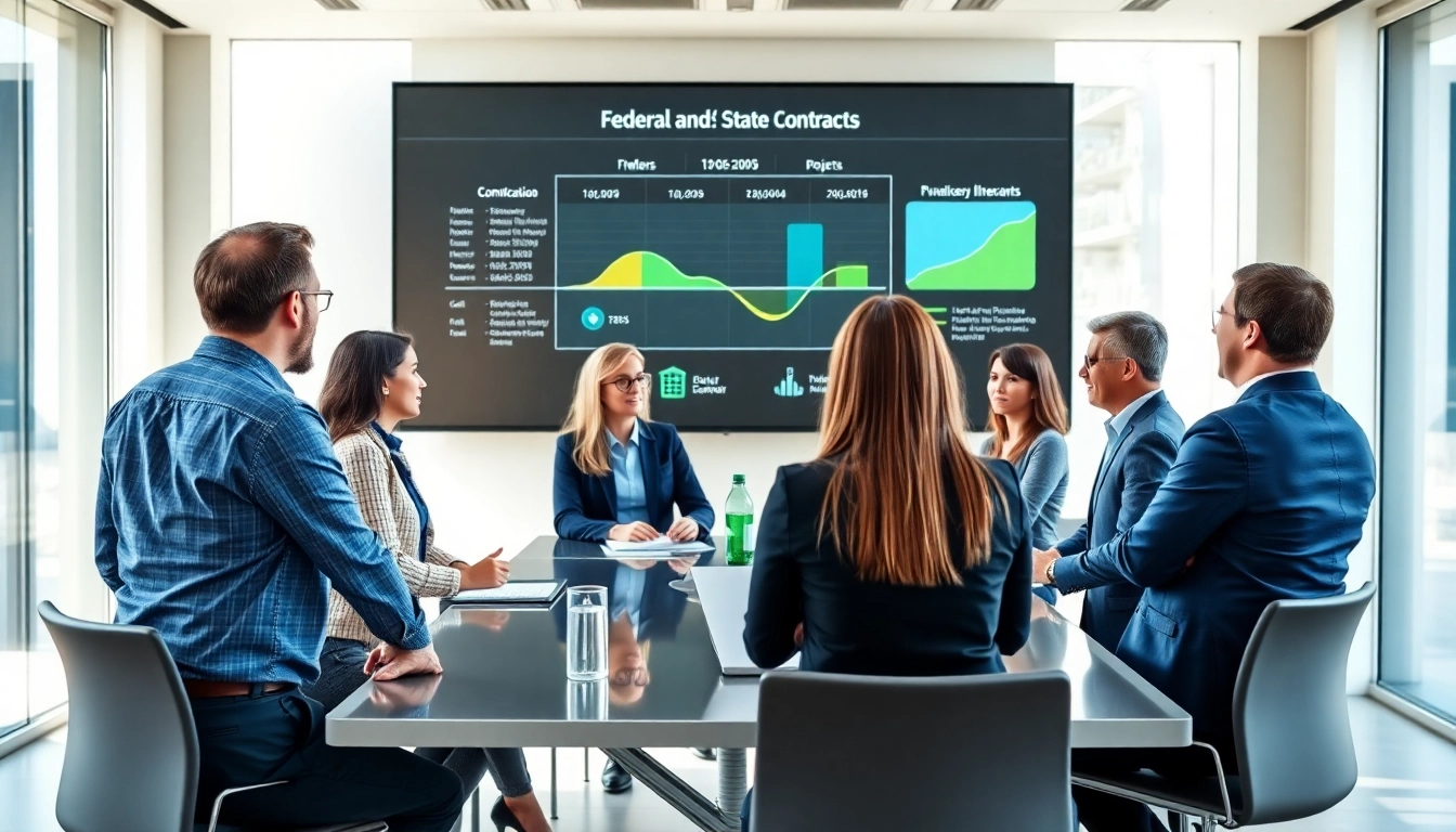 Team collaborating on Federal and State contracts in a modern conference room.