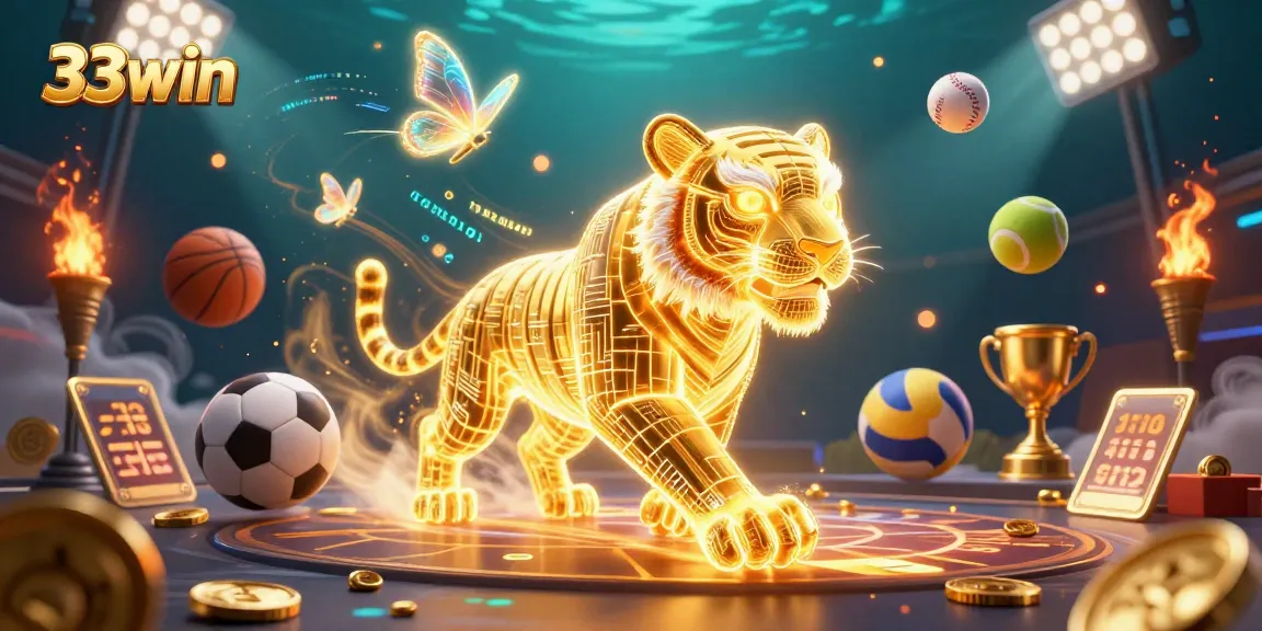 Experience thrilling gameplay at 33win with sports balls and a golden tiger in a vibrant casino.