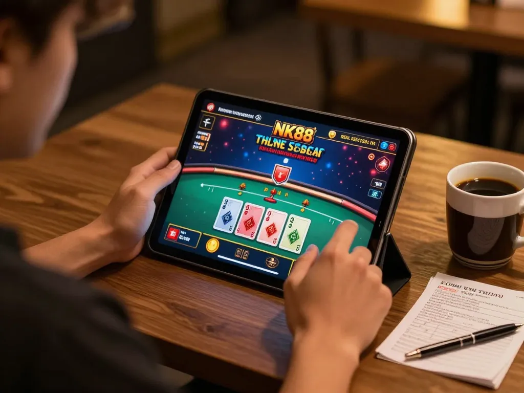 Engaging in strategic gameplay at NK88 online casino with live dealer interface on tablet.