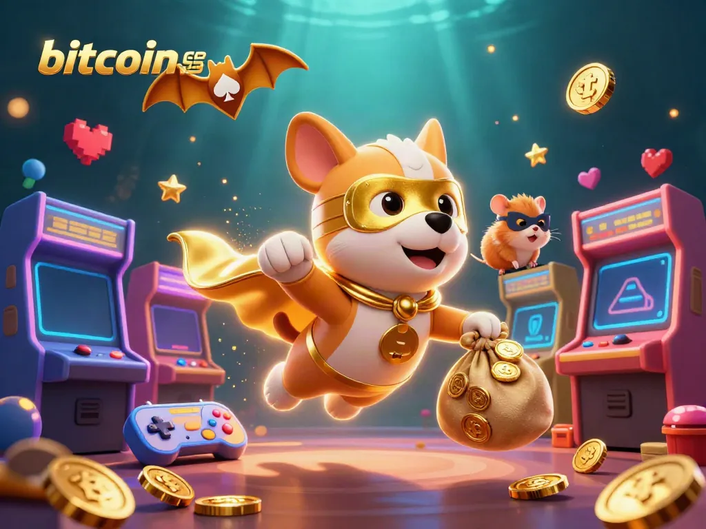 Experience the excitement of bitcoin casinos with a superhero dog and a hamster in a vibrant casino scene.