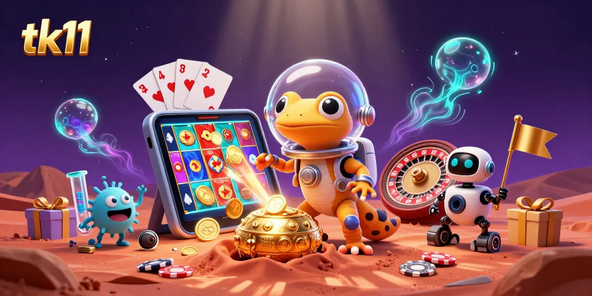 tk11 Martian gecko explores a golden casino with a robot sidekick, filled with vibrant gambling action.