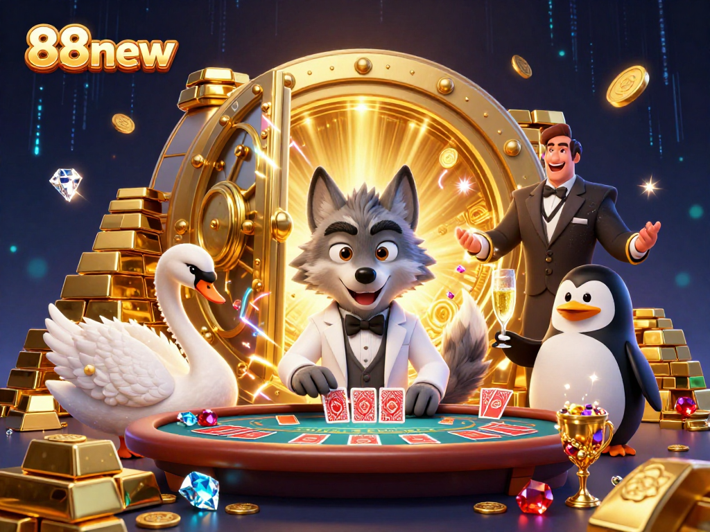 Experience thrilling wins with 88new, showcasing a cartoon wolf at a baccarat table in a luxurious casino setting.