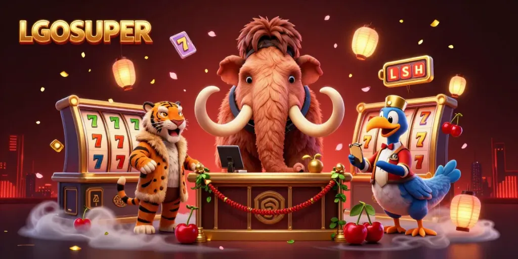 Immersive LGOSUPER casino scene with vibrant characters and dynamic slot elements.
