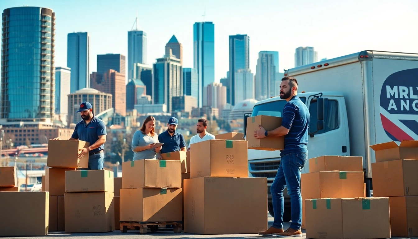 Team of Calgary movers packing a truck against the vibrant city skyline.