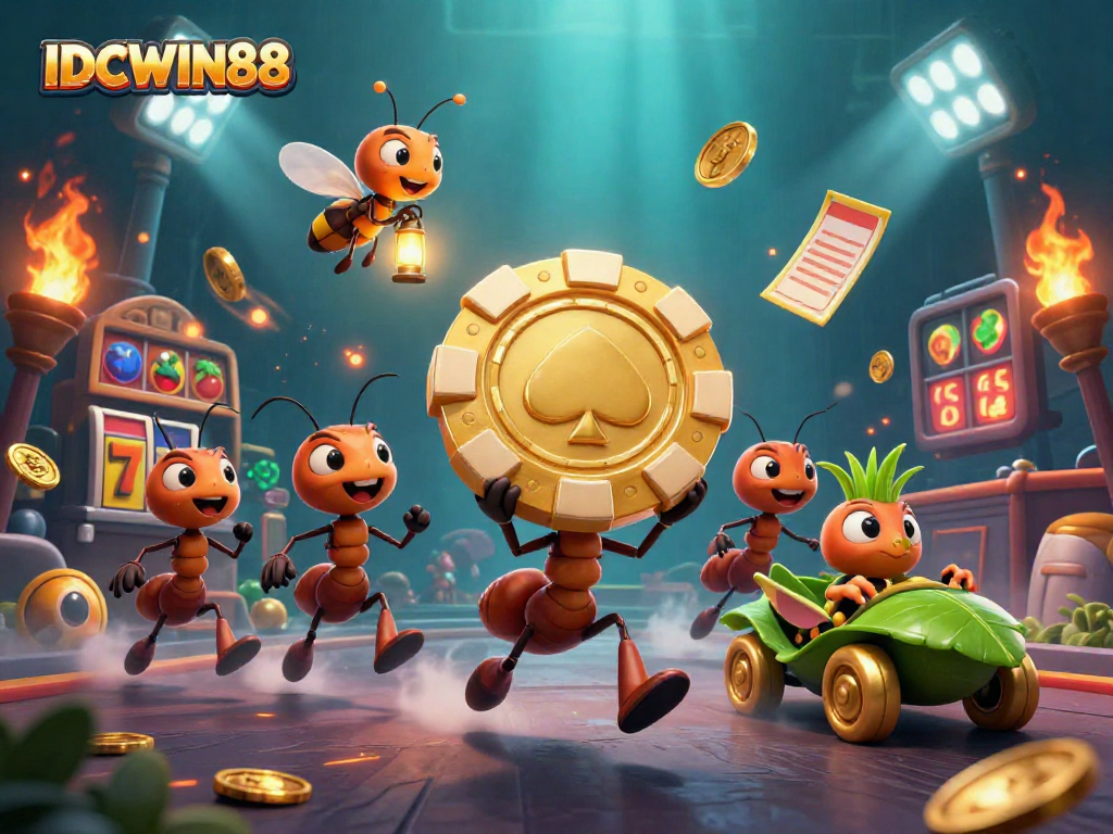 Experience thrilling game action at IDCWIN88 as cartoon ants steal a massive poker chip in a vibrant casino world.
