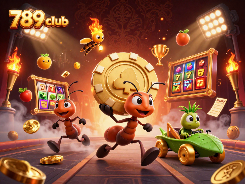 Trải nghiệm 789 club với đội kiến chạy trộm chip poker vàng trong không gian sòng bạc sống động.
