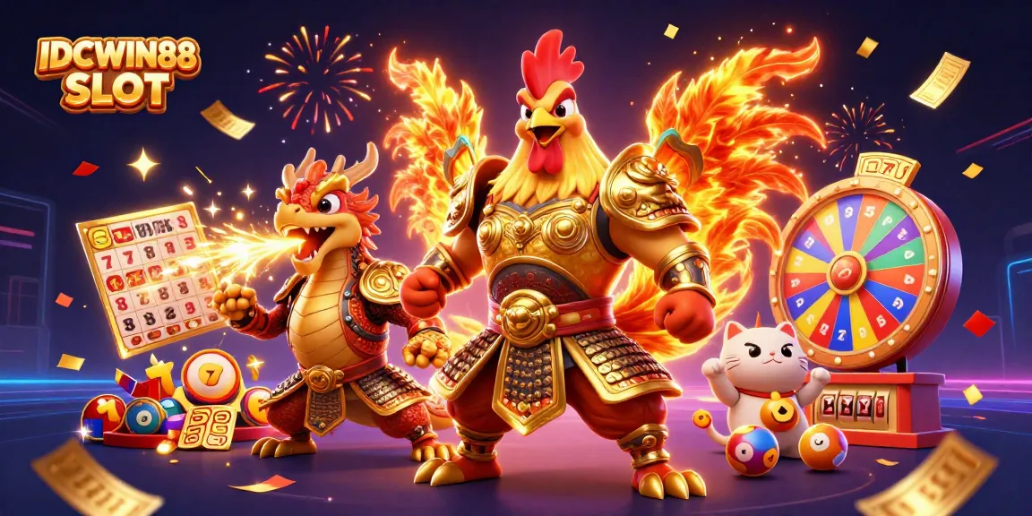 Experience thrilling wins with IDCWIN88 SLOT, showcasing vibrant slot reels and animated characters