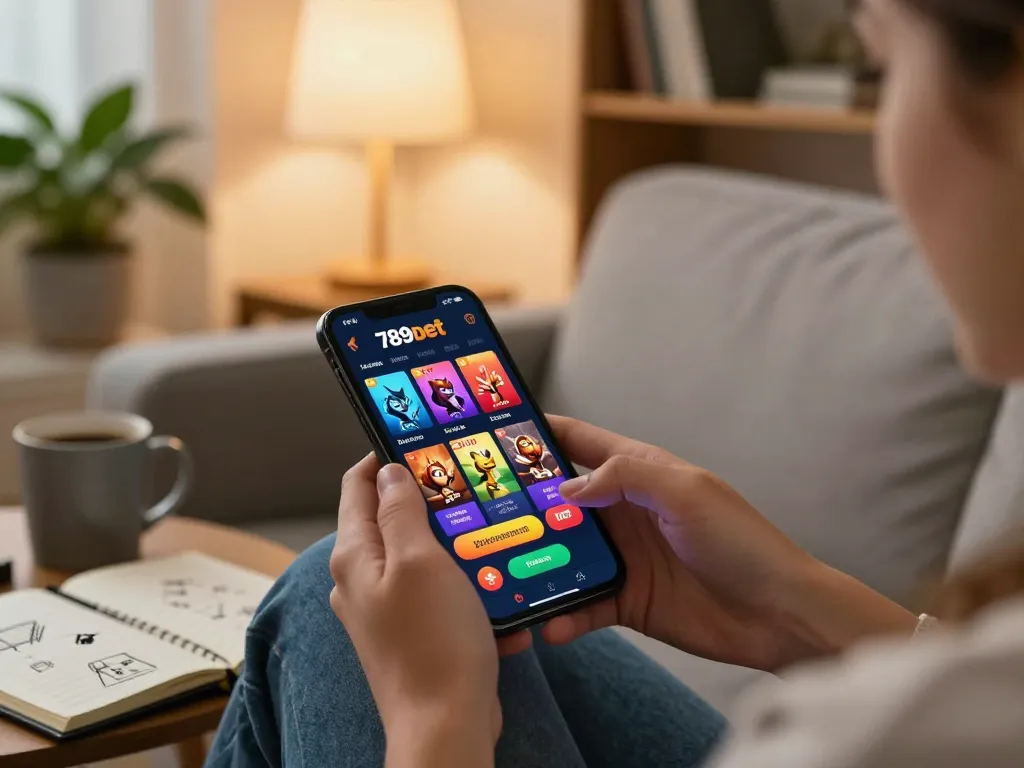 Player exploring 789bet's casino app on a smartphone, showcasing vibrant game options in a cozy home setting.
