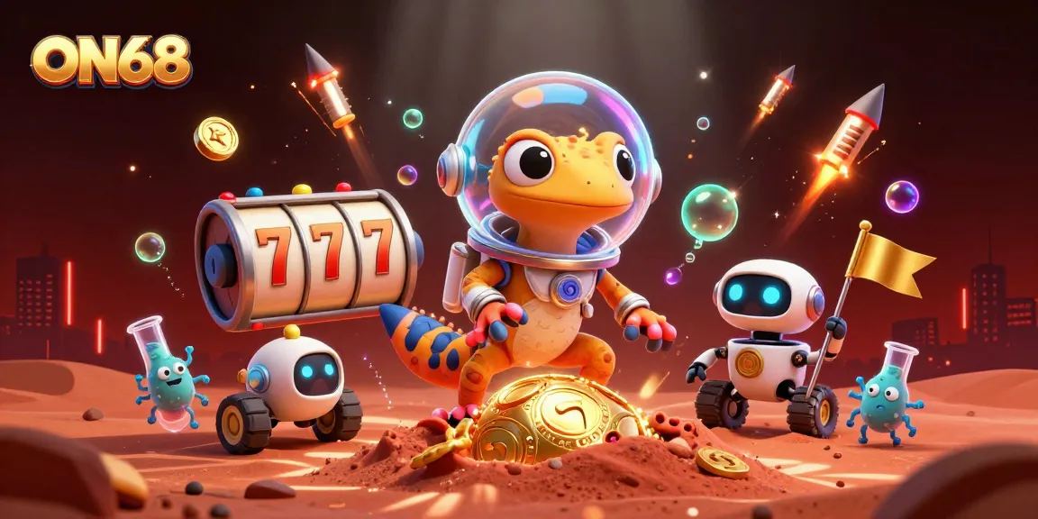 Engage with ON68's thrilling casino experience featuring a Martian gecko and a golden jackpot.