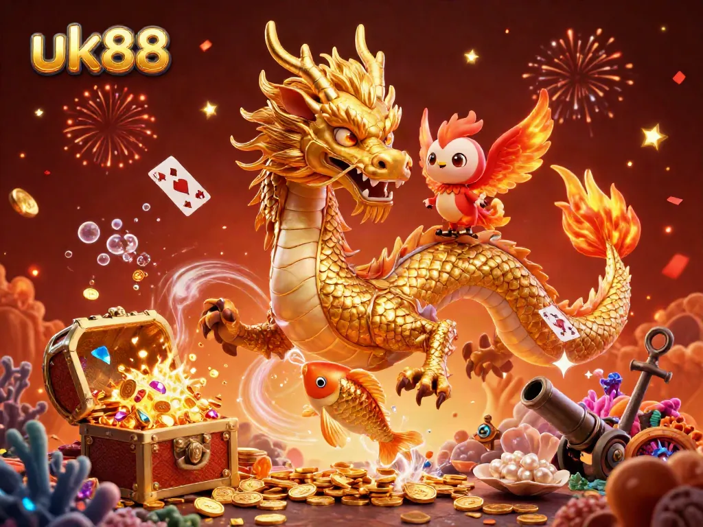Experience excitement at uk88 with golden dragon and phoenix amidst gold coins and casino elements.