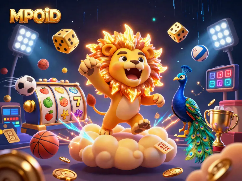 MPOID offers thrilling online gaming with vibrant characters amidst golden symbols and slot elements.