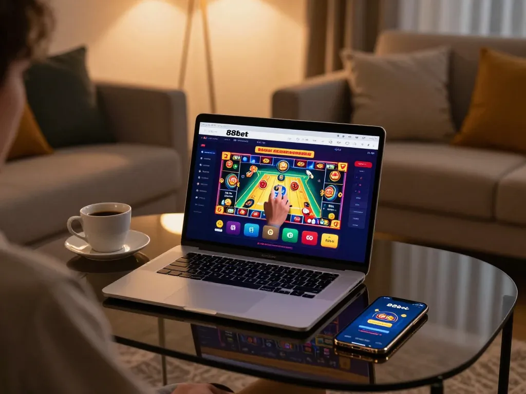 Engaging with 88bet's online casino platform in a cozy home setup.