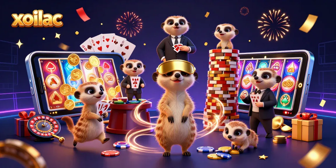 Xoilac casino scene with meerkats running a vibrant gambling operation, showcasing energetic gameplay and festive atmosphere.